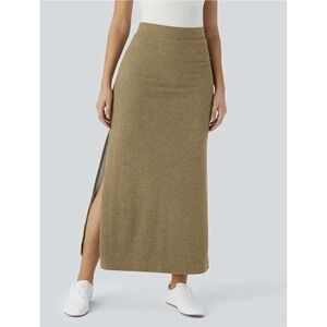 Halara Ribbed Knit Maxi Skirt Small Taupe Side Slit Quiet Luxury Minimalist